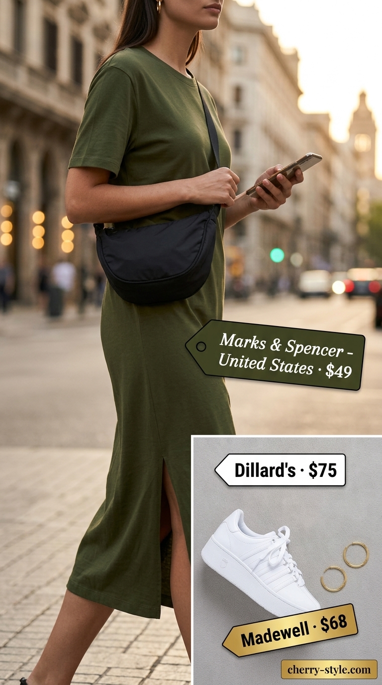 Olive green oversized tee dress summer outfit for women 2026 with white sneakers for city exploring.