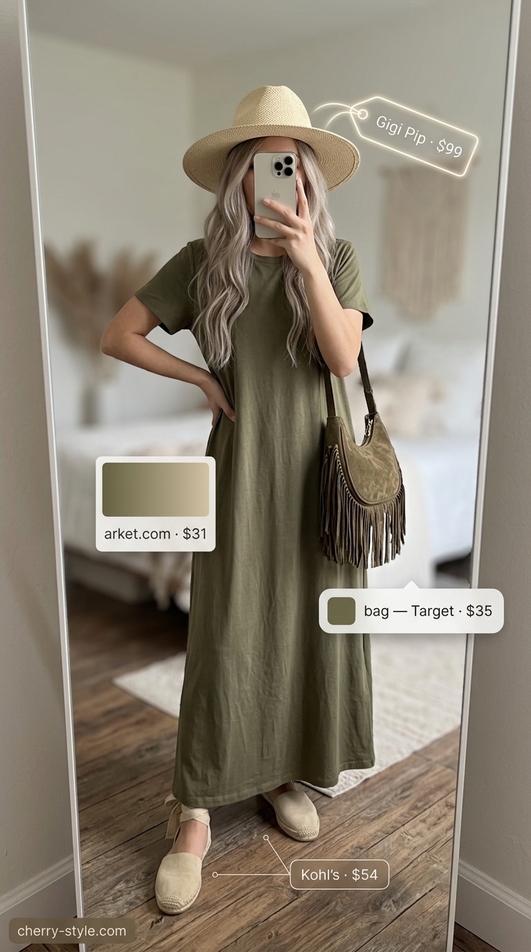 Olive green oversized tee dress summer outfit for women 2026 with fedora and fringe bag.