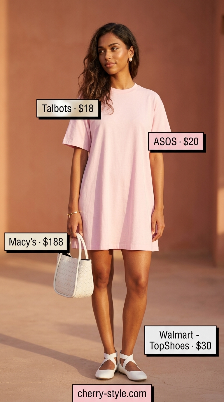 Light pink oversized tee dress summer outfit for women 2026 with white ballet flats for a garden party.
