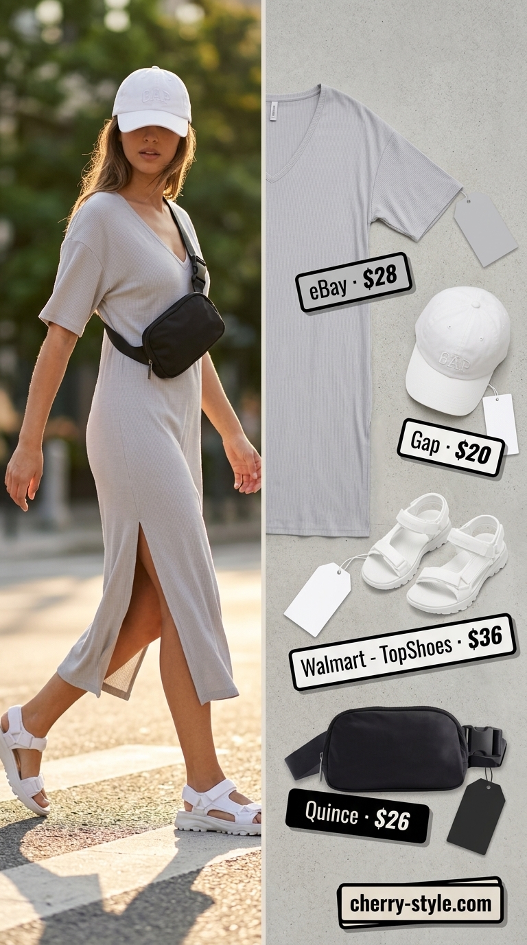 Charcoal grey oversized tee dress summer outfit for women 2026 with sporty sandals for brunch.