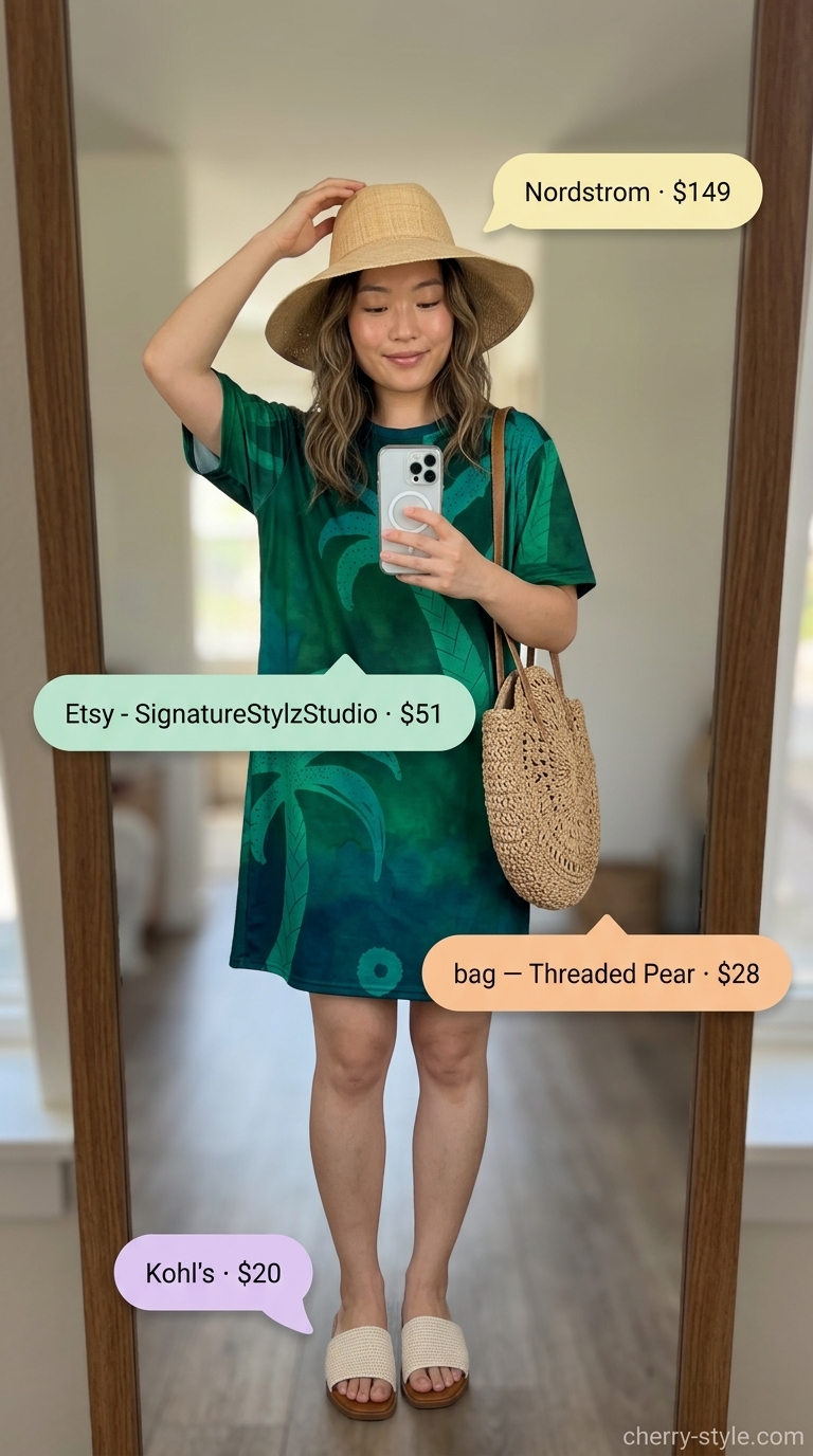 Tropical print oversized tee dress summer outfit for women 2026 with straw hat and sandals.