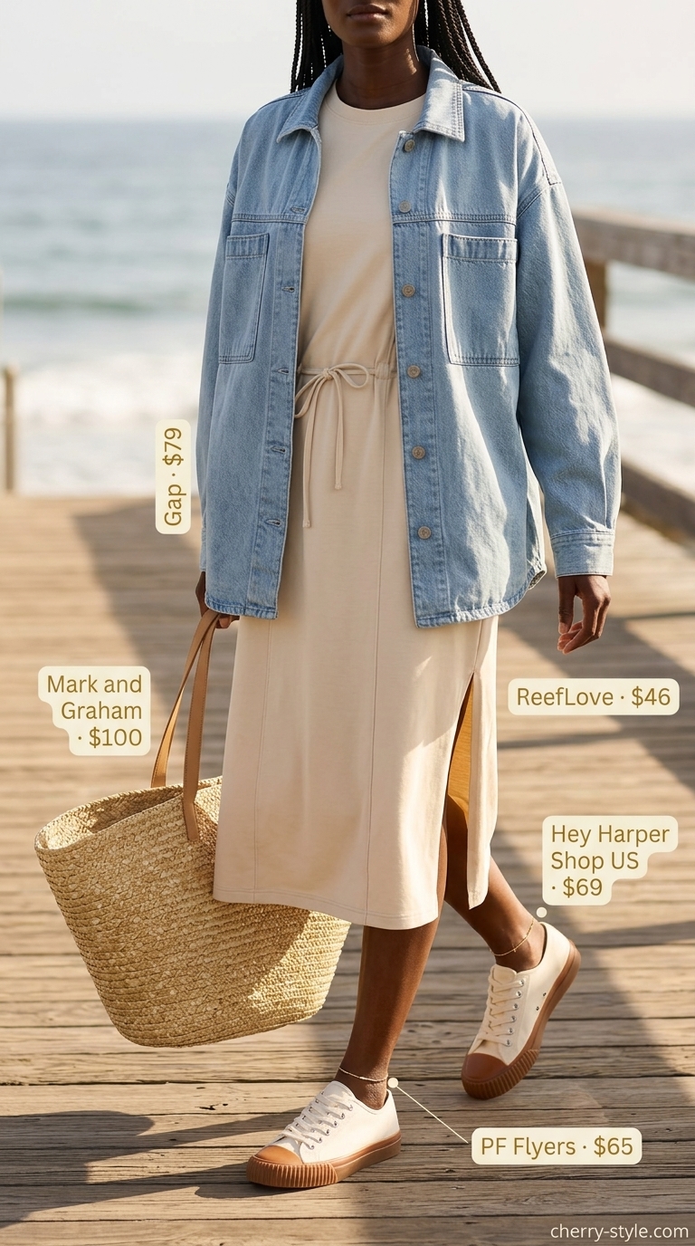 White oversized tee dress summer outfit for women 2026 with denim jacket and straw tote.