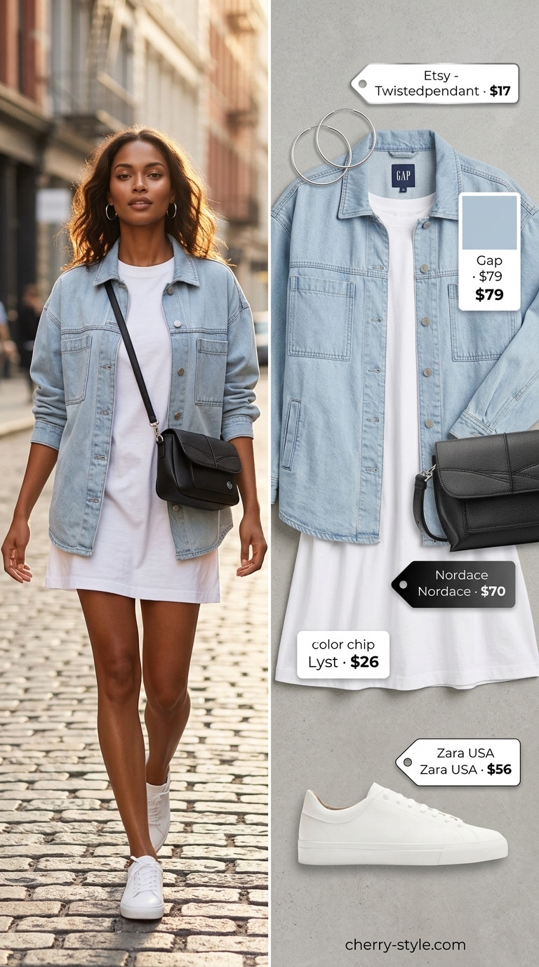 White oversized tee dress summer outfit for women 2026 with denim jacket and crossbody bag.