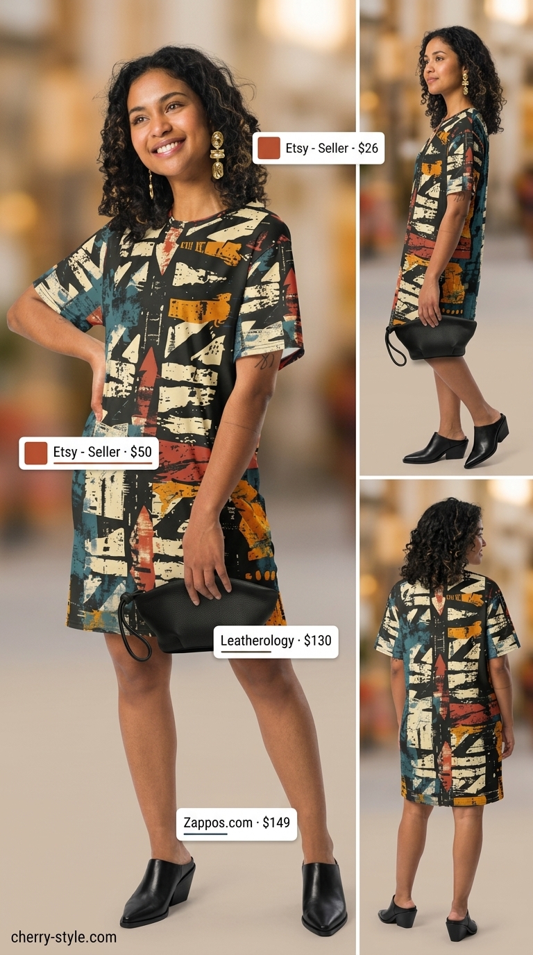 Oversized tee dress summer outfit for women 2026 with abstract print, black mules, and gold earrings for gallery opening.