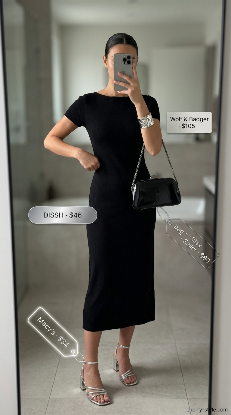 Oversized tee dress summer outfit for women 2026 in black midi with metallic sandals and silver jewelry for evening event.
