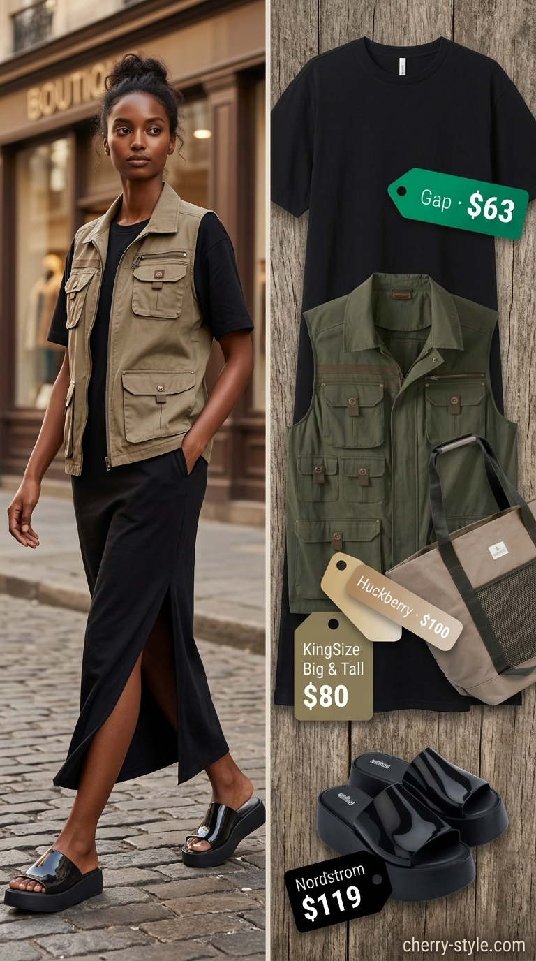 Oversized tee dress summer outfit for women 2026 in black with utility vest and platform sandals for urban exploration.