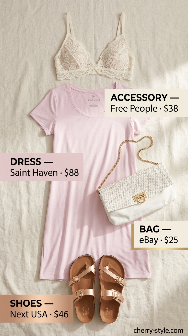 Oversized tee dress summer outfit for women 2026 in blush pink with rose gold sandals and lace bralette for summer date.