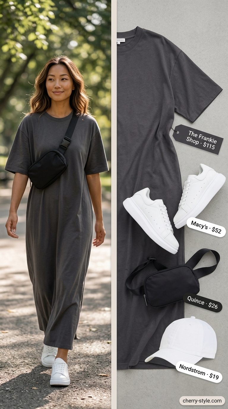 Oversized tee dress summer outfit for women 2026 in charcoal grey with sneakers and belt bag for sporty brunch.