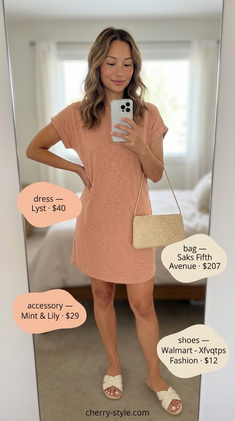 Oversized tee dress summer outfit for women 2026 in soft peach with cream sandals and gold jewelry for garden party.