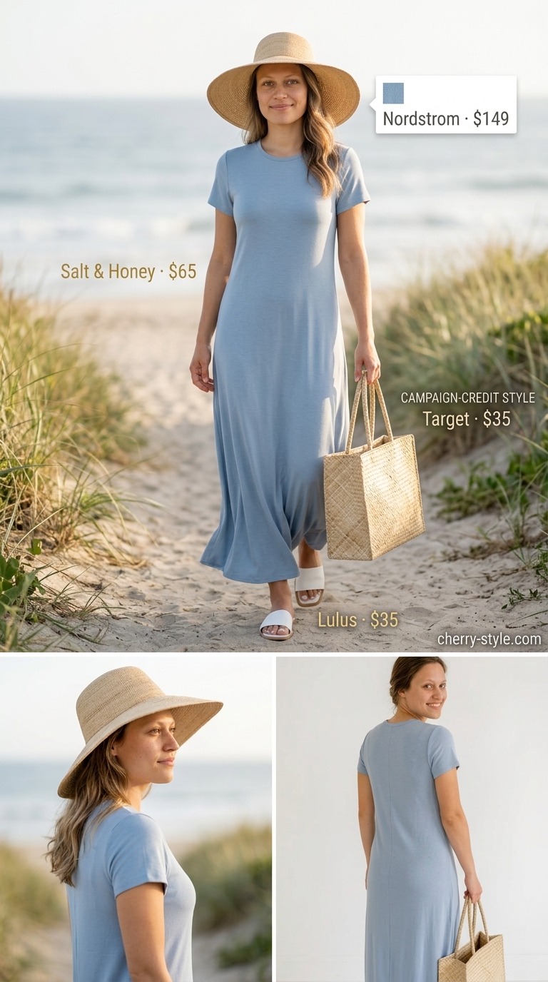 Oversized tee dress summer outfit for women 2026 in sky blue with straw hat and tote for beach day.
