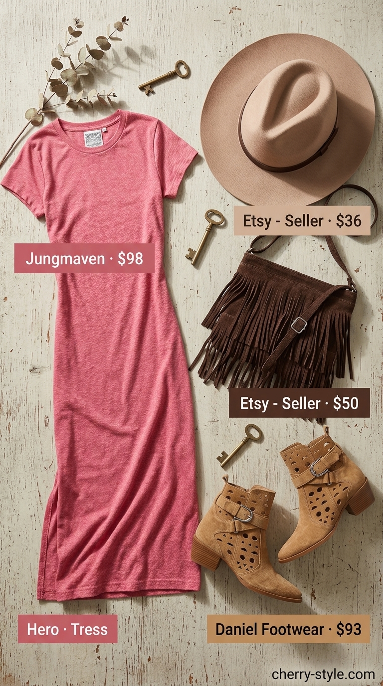 Oversized tee dress summer outfit for women 2026 in terracotta with suede boots and fringe bag for desert getaway.