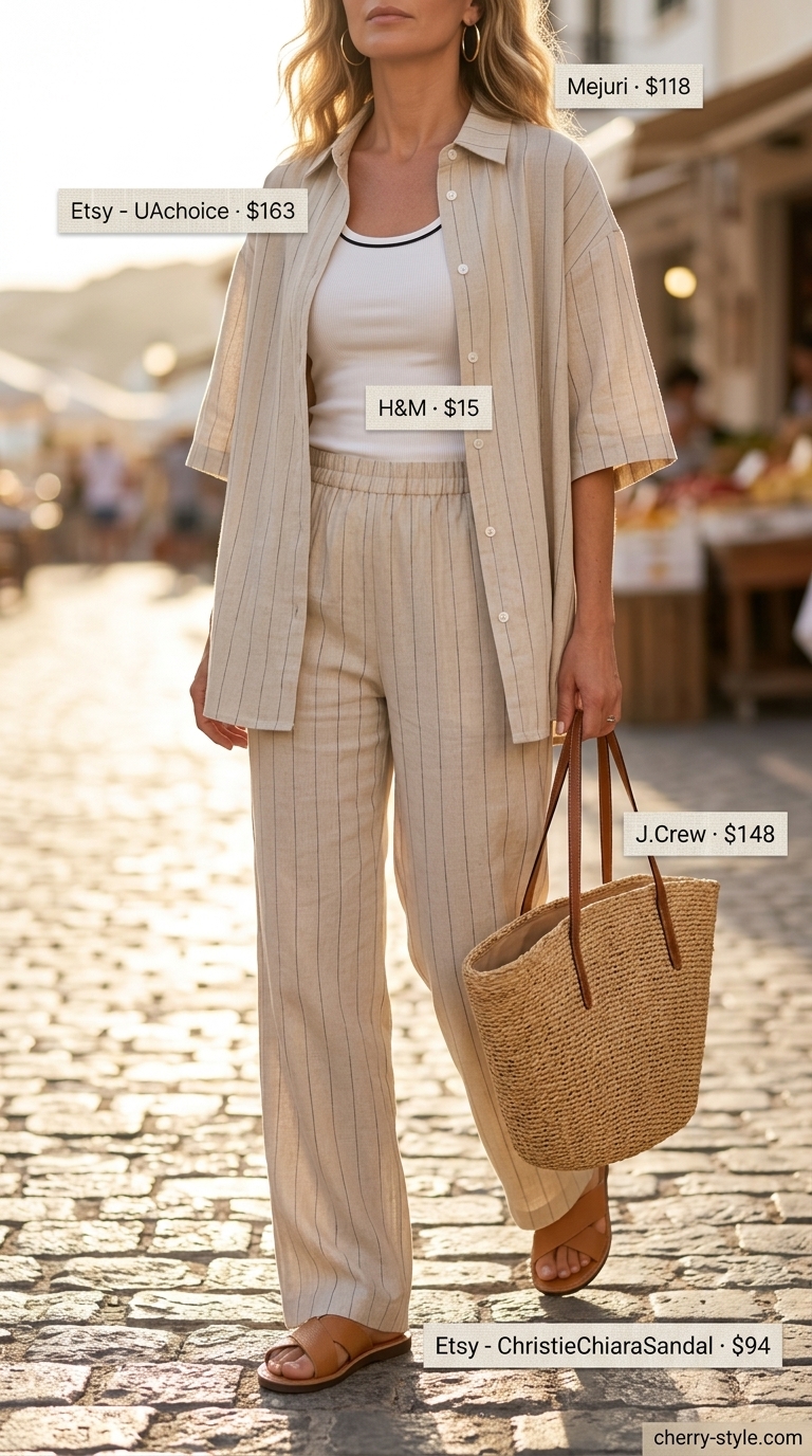 Polished summer outfit for women over 40 2026: Beige linen set, straw tote, and gold hoops.