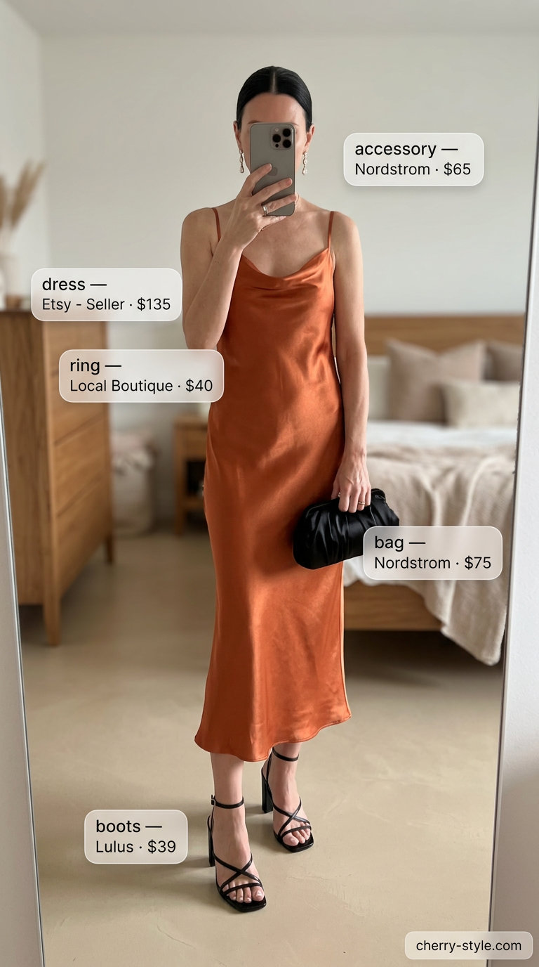 Polished summer outfit for women over 40 2026: Coral slip dress, black heels, and gold earrings.