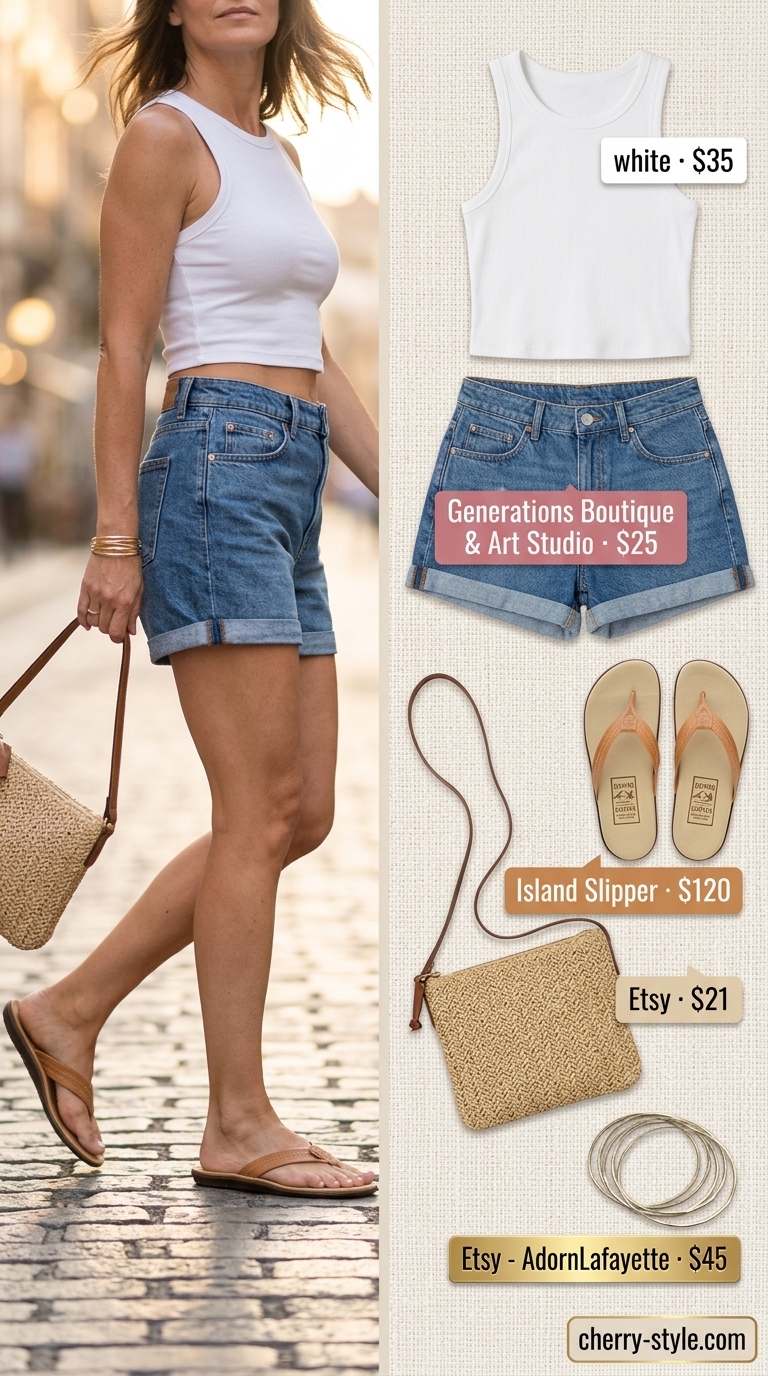 Polished summer outfit for women over 40 2026: Denim shorts, floral blouse, and flat sandals.