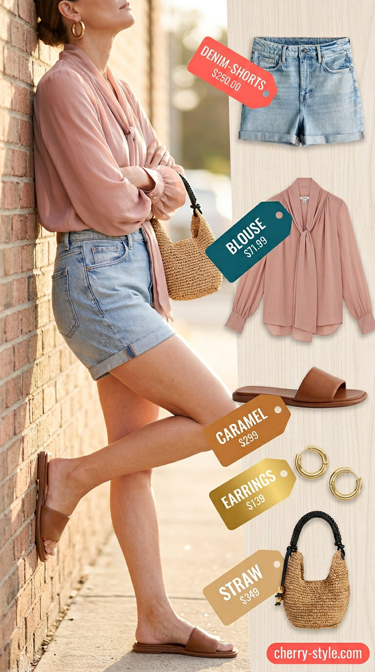 Polished summer outfit for women over 40 2026: Denim shorts, silk blouse, slides, woven crossbody bag, gold hoops.