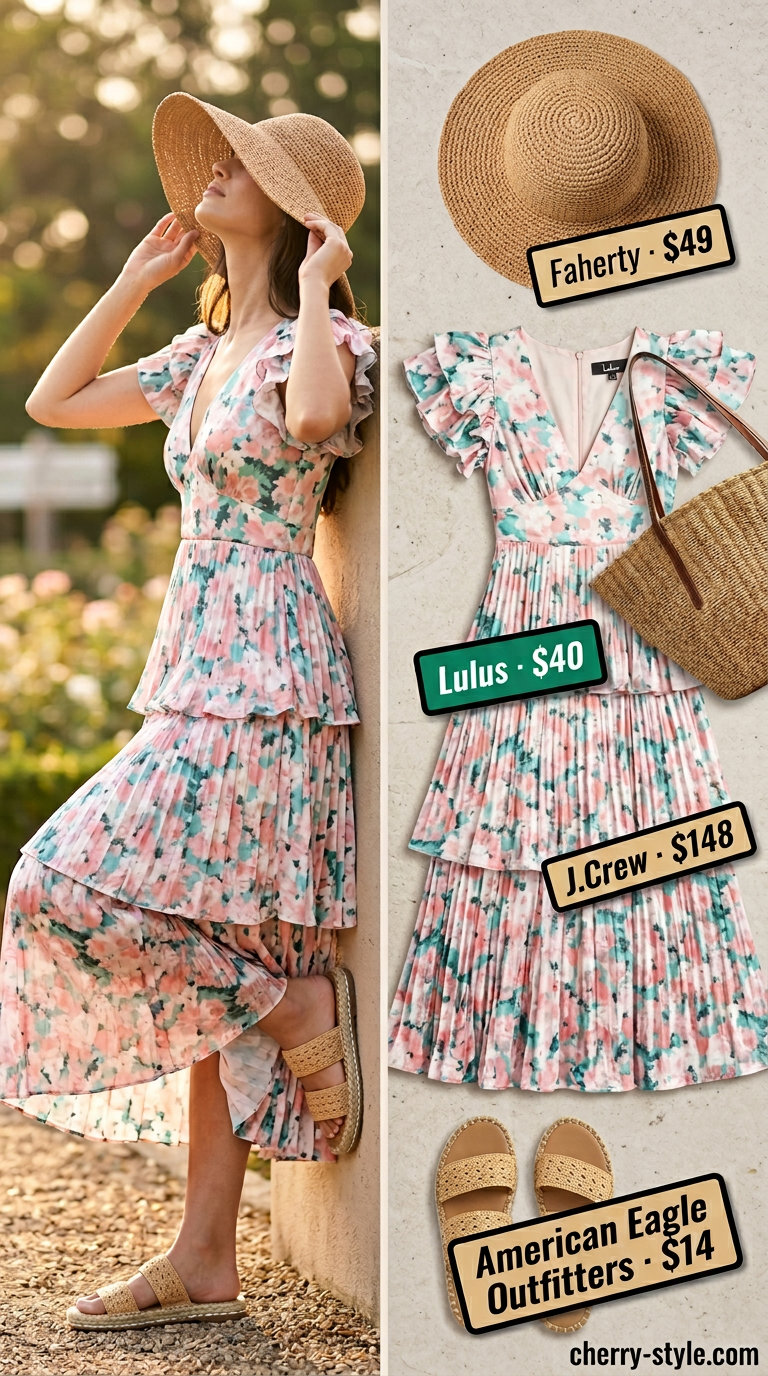 Polished summer outfit for women over 40 2026: Pastel floral midi dress, straw hat, espadrilles, woven tote.