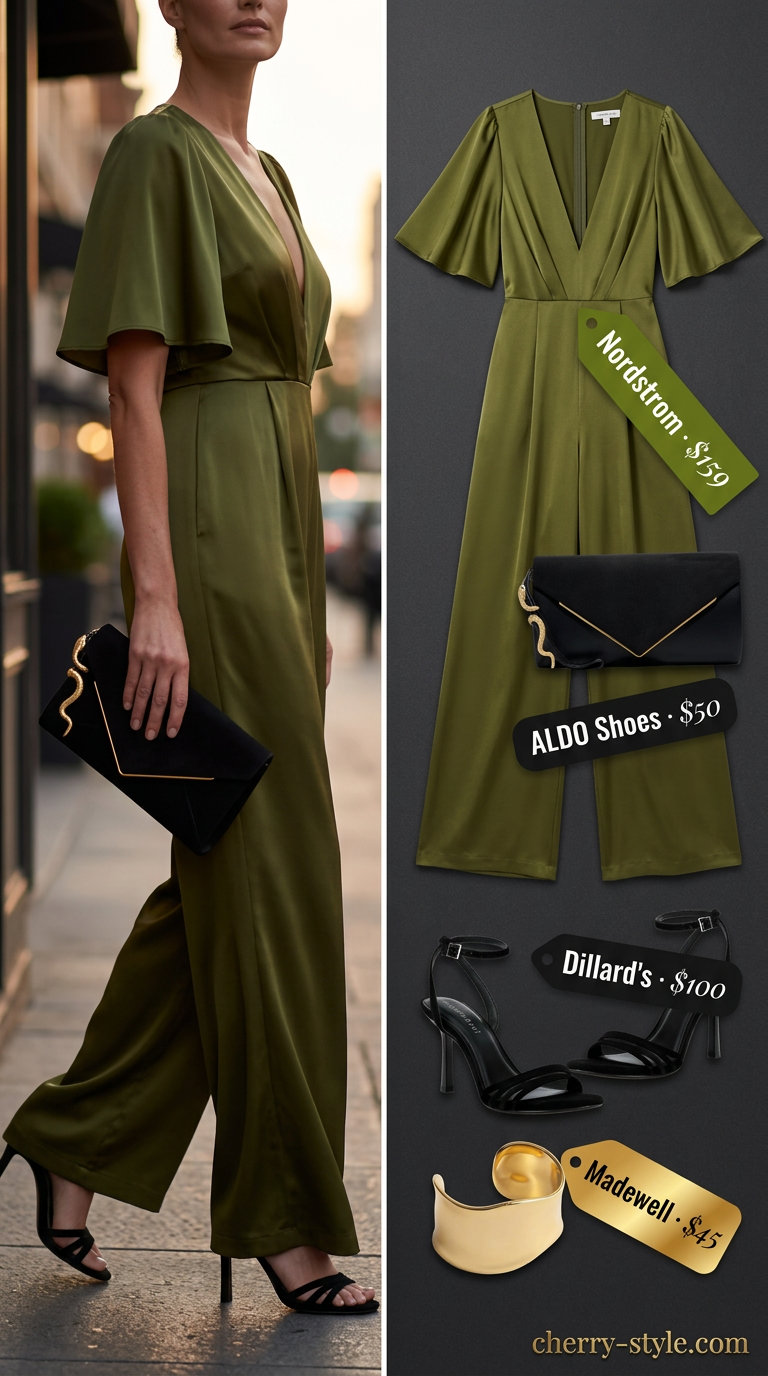 Polished summer outfit for women over 40 2026: Olive green wide-leg jumpsuit, heeled sandals, clutch, gold cuff.