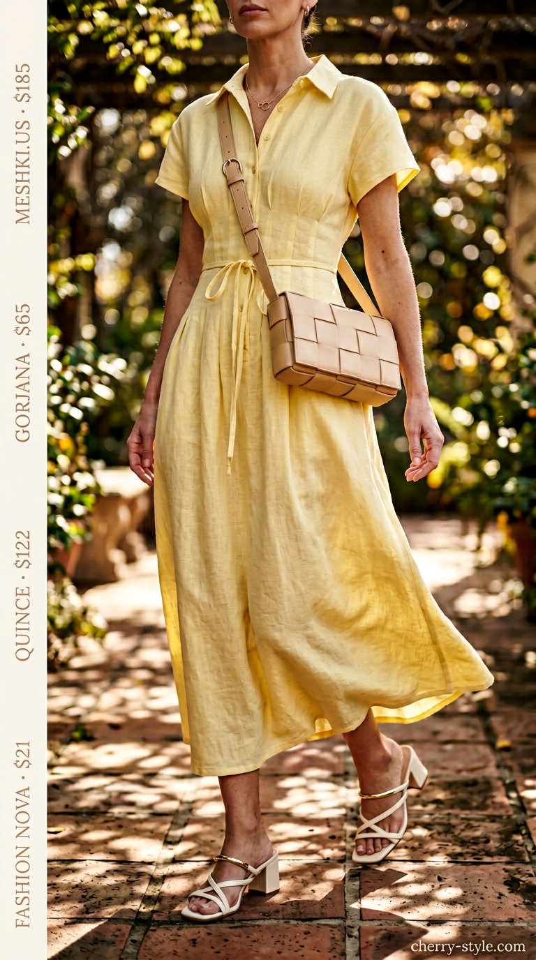 Polished summer outfit for women over 40 2026: Lemon yellow linen dress, tan bag, and gold necklace.