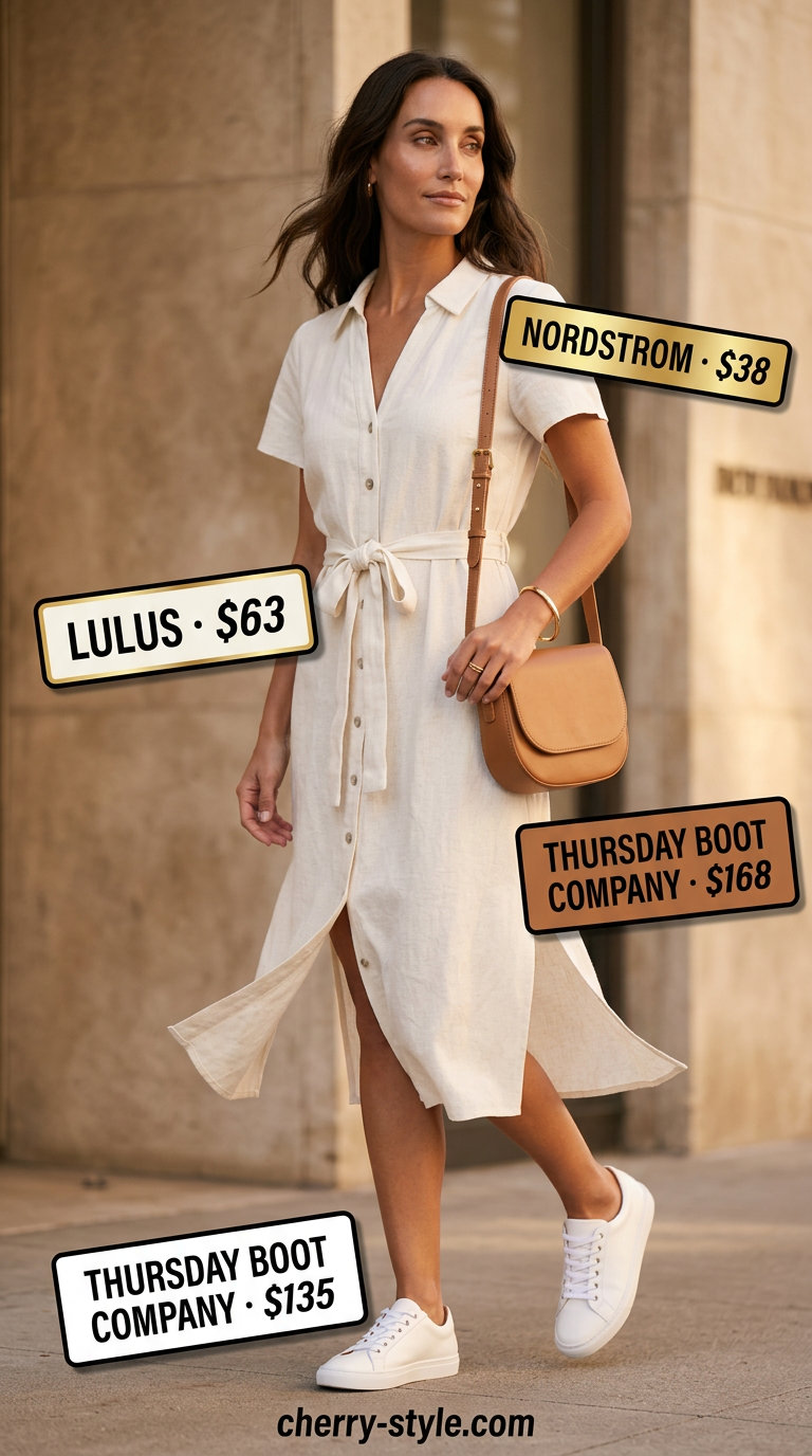 Polished summer outfit for women over 40 2026: Beige linen shirt dress, white sneakers, crossbody bag, gold bangle.