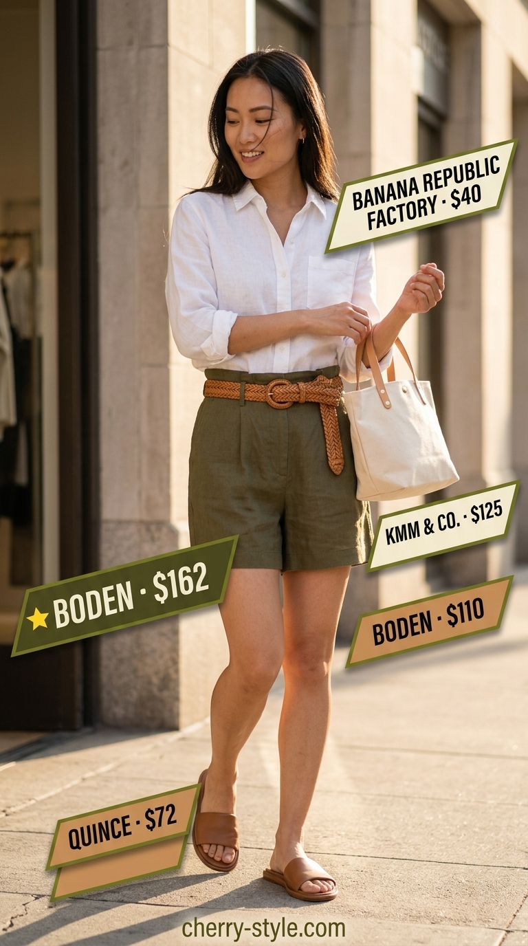 Polished summer outfit for women over 40 2026: Linen shorts, white linen shirt, woven belt, leather slides.