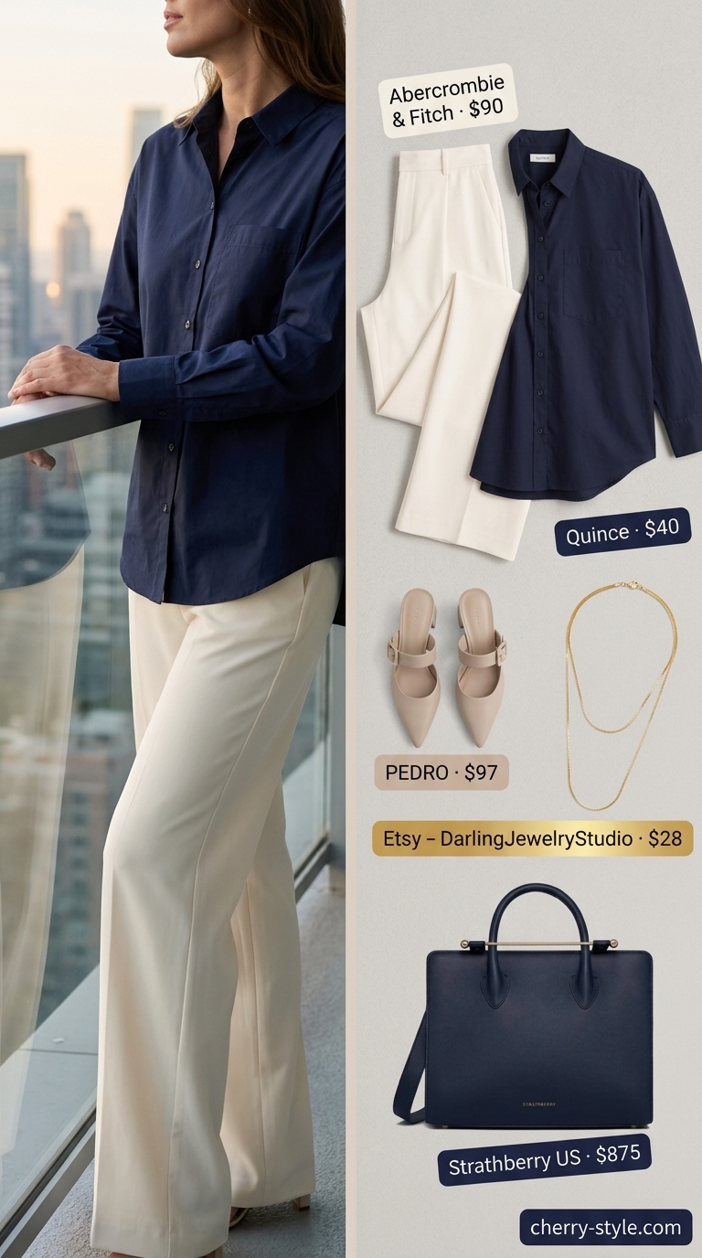 Polished summer outfit for women over 40 2026: Cream linen trousers, navy shirt, block heels, structured tote.