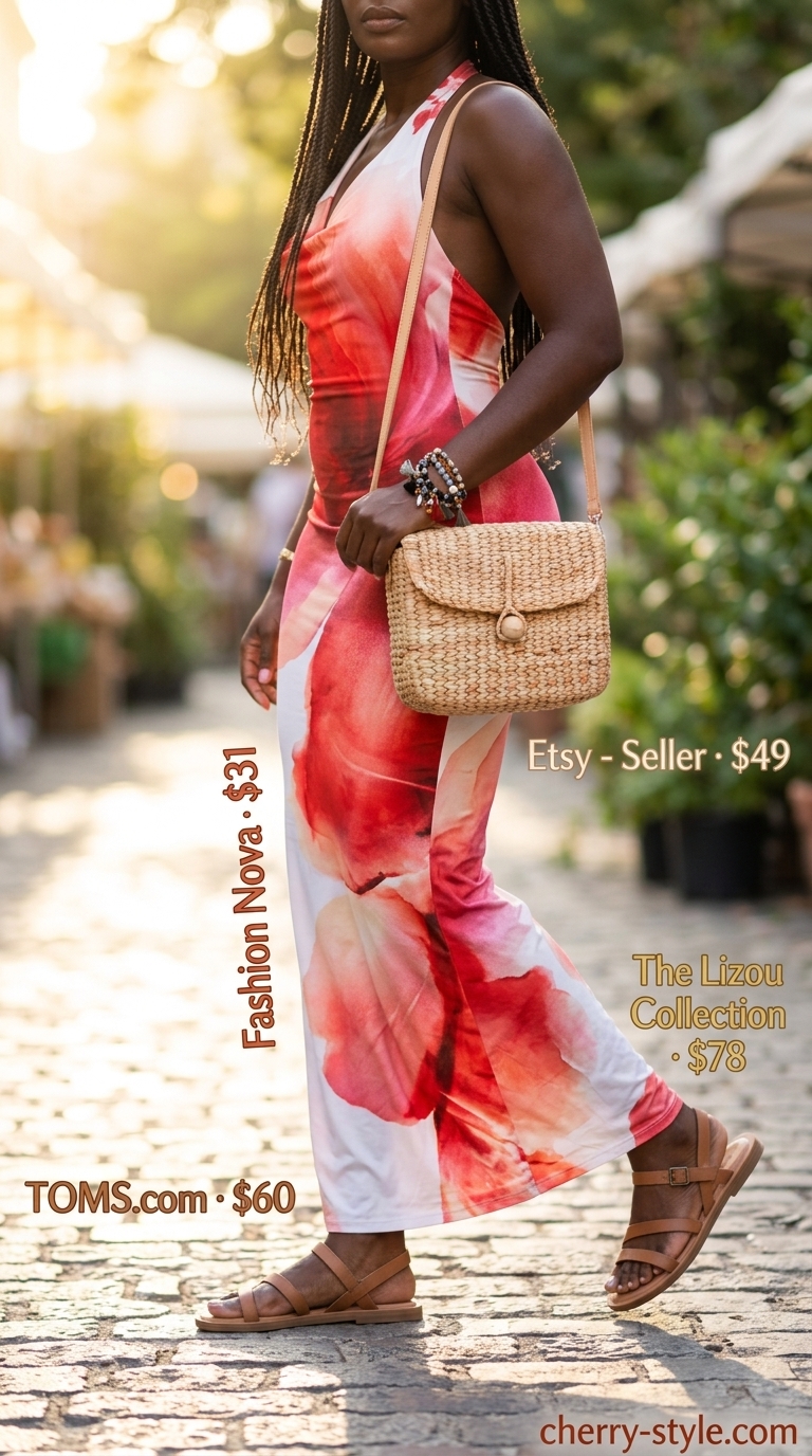 Polished summer outfit for women over 40 2026: Vibrant maxi dress, straw bag, leather sandals, beaded bracelets.