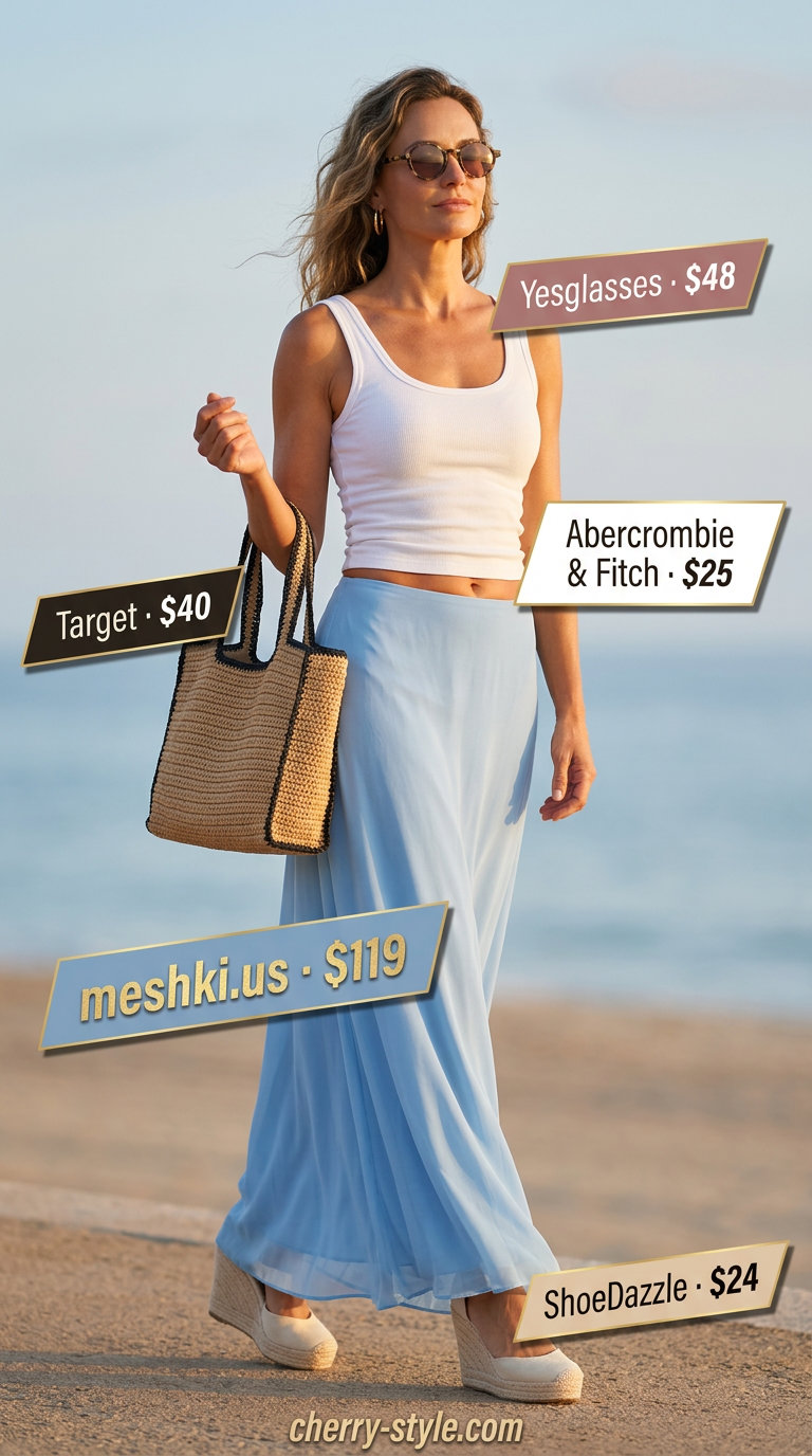 Polished summer outfit for women over 40 2026: Sky blue maxi skirt, white tank, espadrille wedges, straw tote.