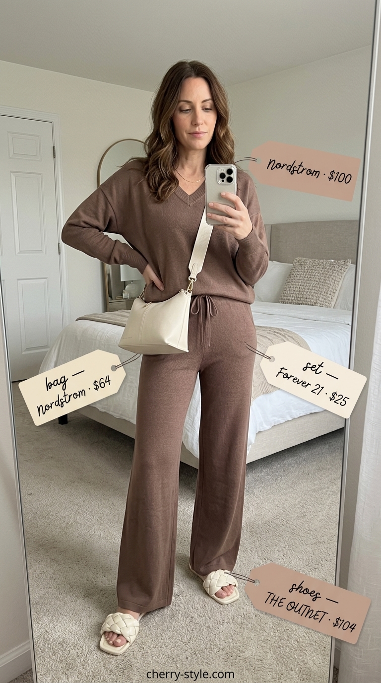 Polished summer outfit for women over 40 2026: Mocha knit set, leather slides, and crossbody bag.