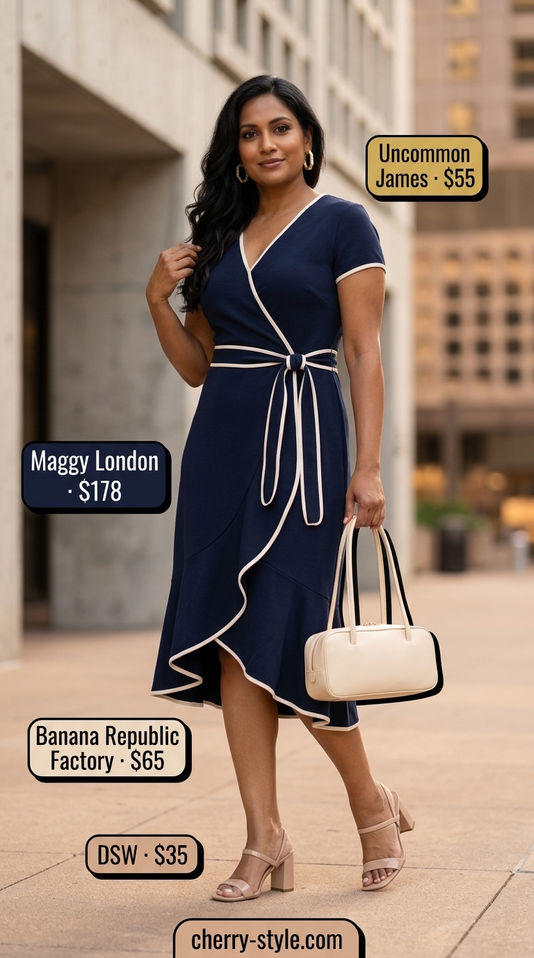 Polished summer outfit for women over 40 2026: Navy wrap dress, cream sandals, gold earrings, and structured bag.