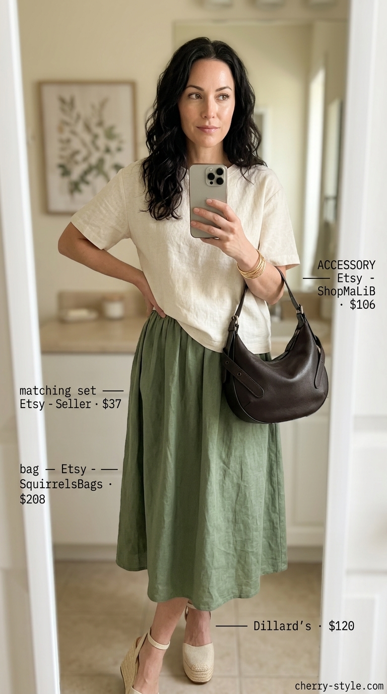 Polished summer outfit for women over 40 2026: Sage green linen set, espadrilles, and slouchy bag.