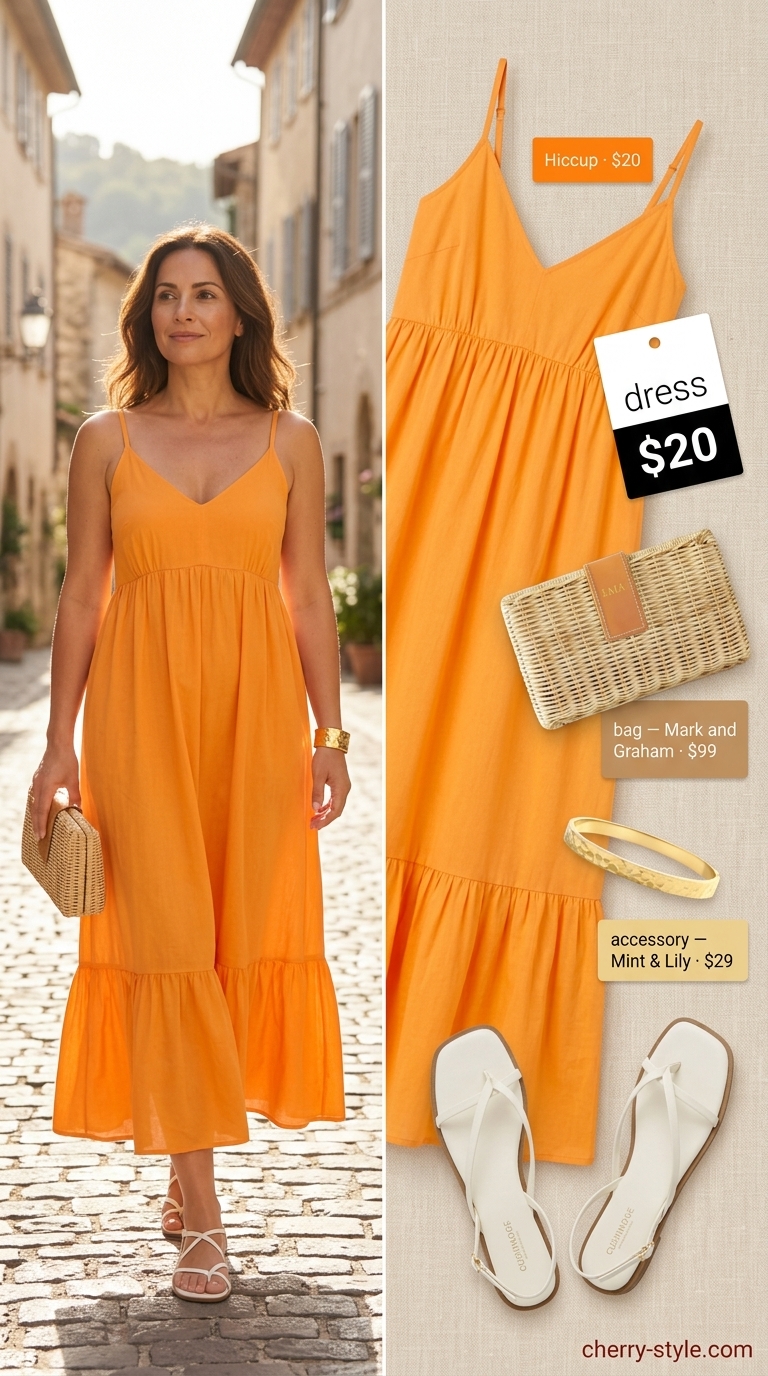 Polished summer outfit for women over 40 2026: Sunset orange maxi dress, straw clutch, and flat sandals.