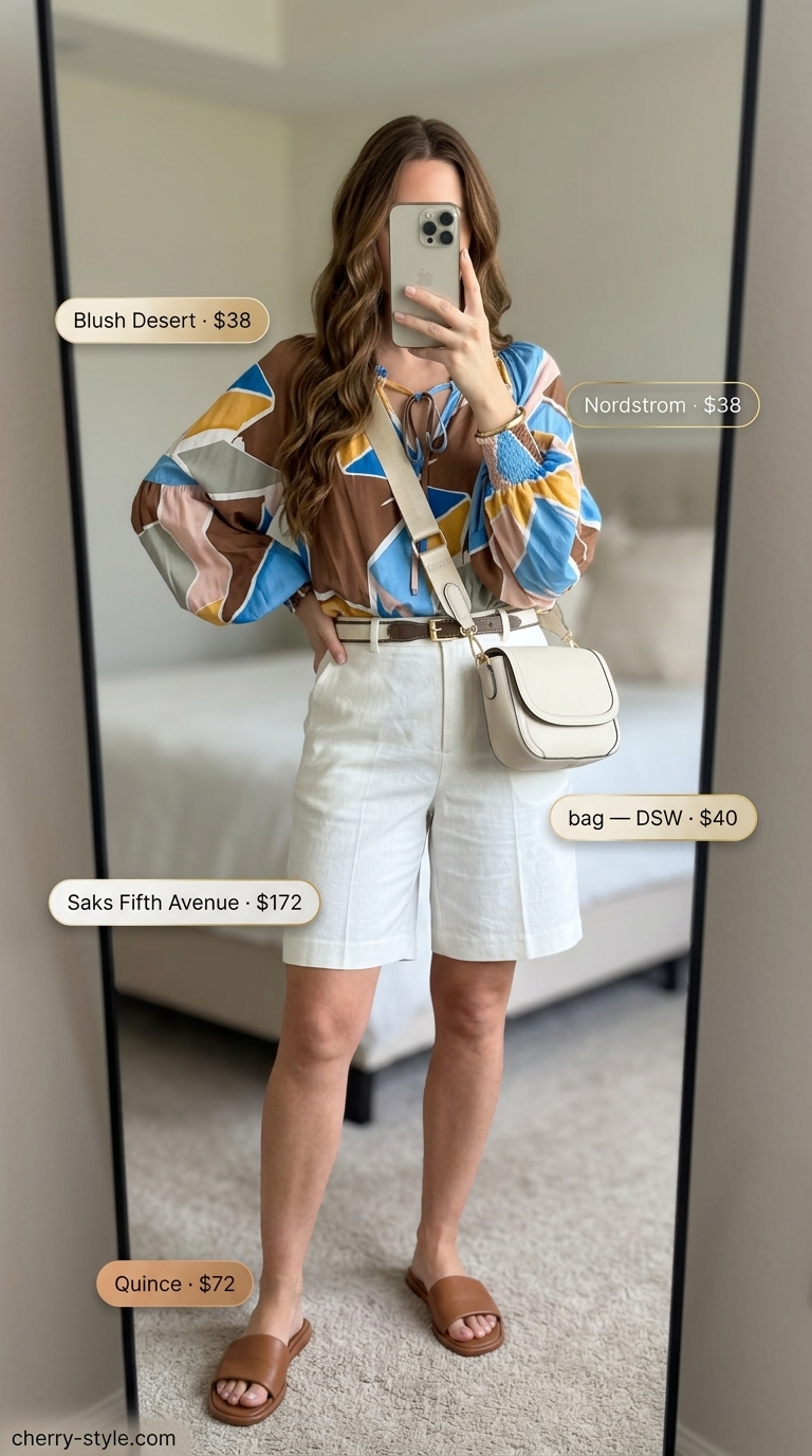 Polished summer outfit for women over 40 2026: White Bermuda shorts, abstract blouse, and tan slides.