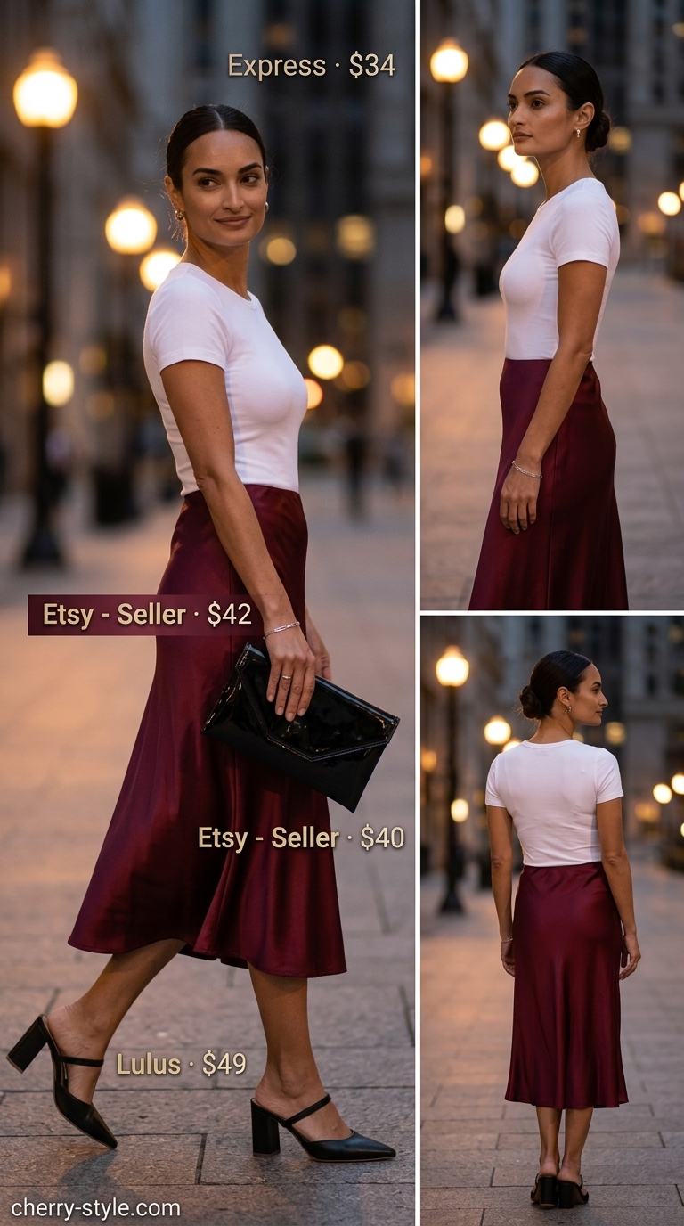Polished summer outfit for women over 40 2026: Burgundy satin midi skirt, white tee, black mules.