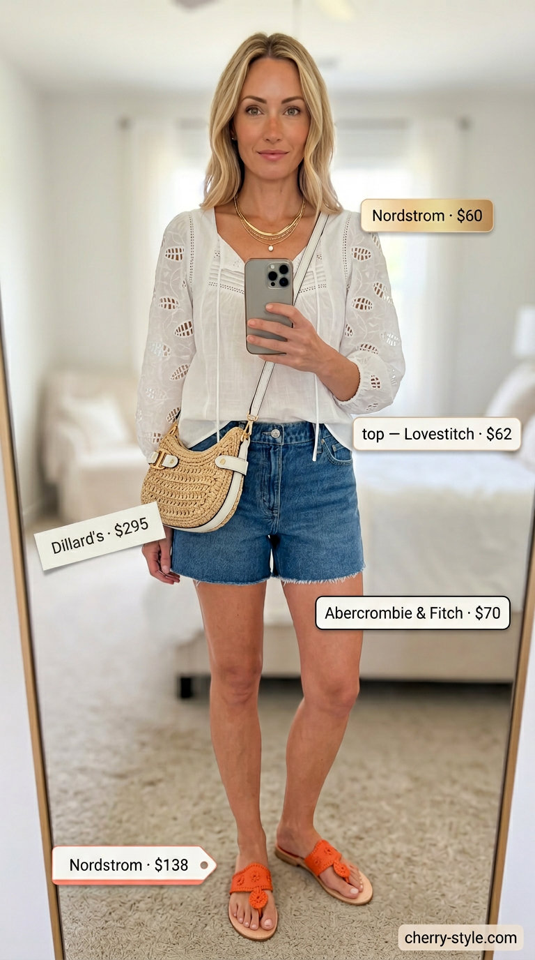 Polished summer outfit for women over 40 2026: Denim shorts, white peasant blouse, coral sandals, straw bag.
