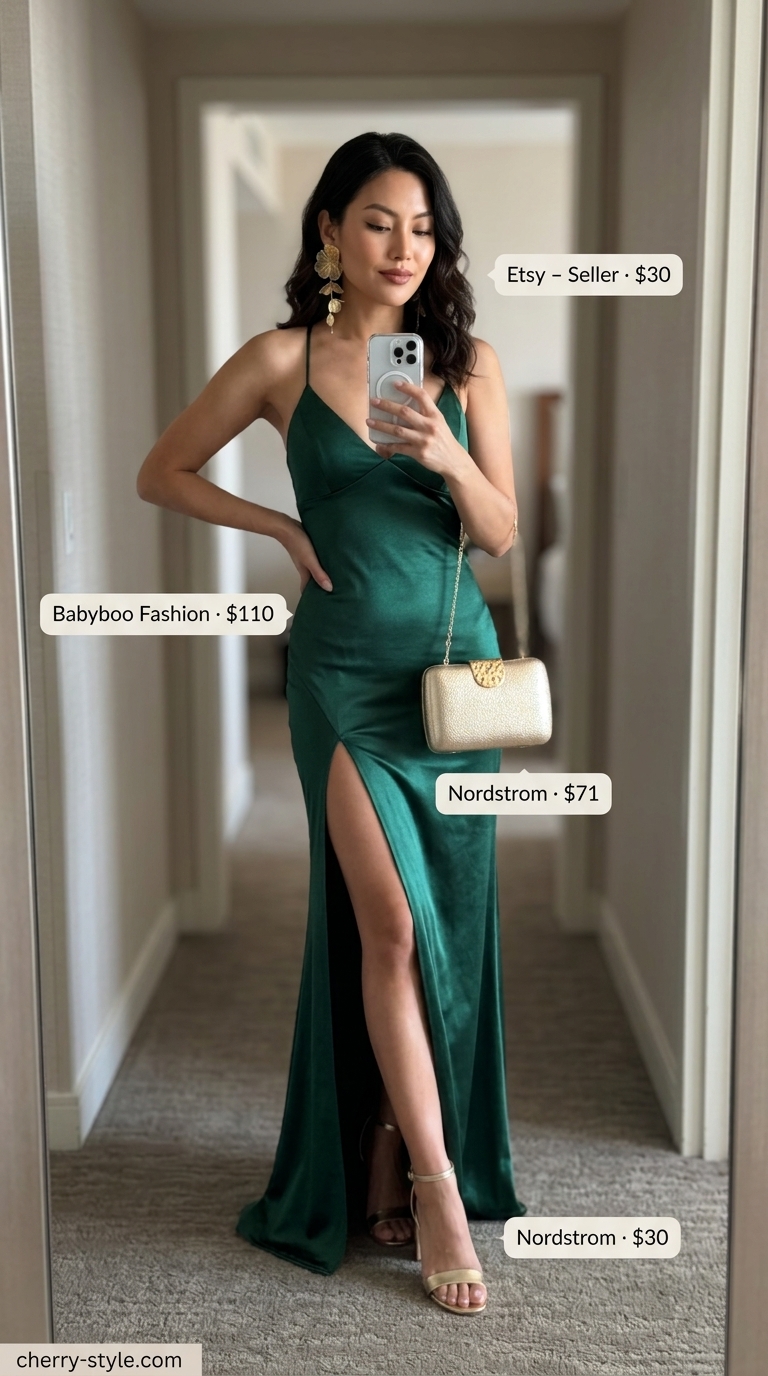 Polished summer outfit for women over 40 2026: Emerald green maxi dress, gold statement earrings and sandals.