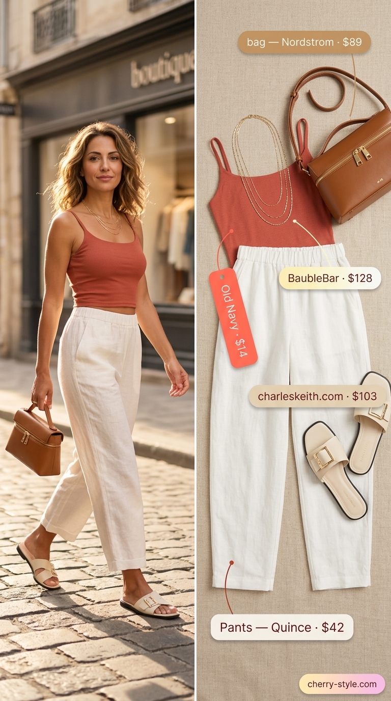 Polished summer outfit for women over 40 2026: Ivory linen pants, coral tank, gold necklaces, flat sandals.
