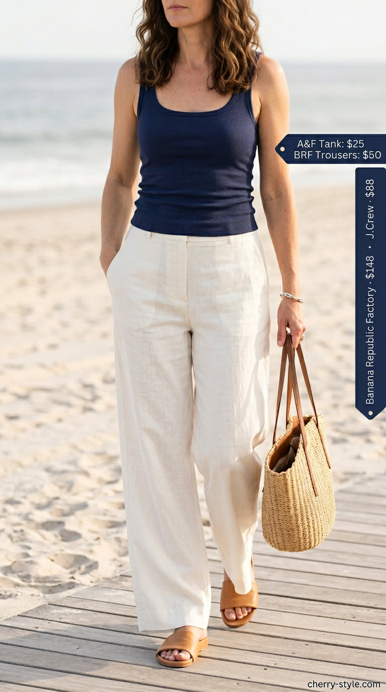 Polished summer outfit for women over 40 2026: Ivory linen trousers, navy tank, tan sandals, straw tote.