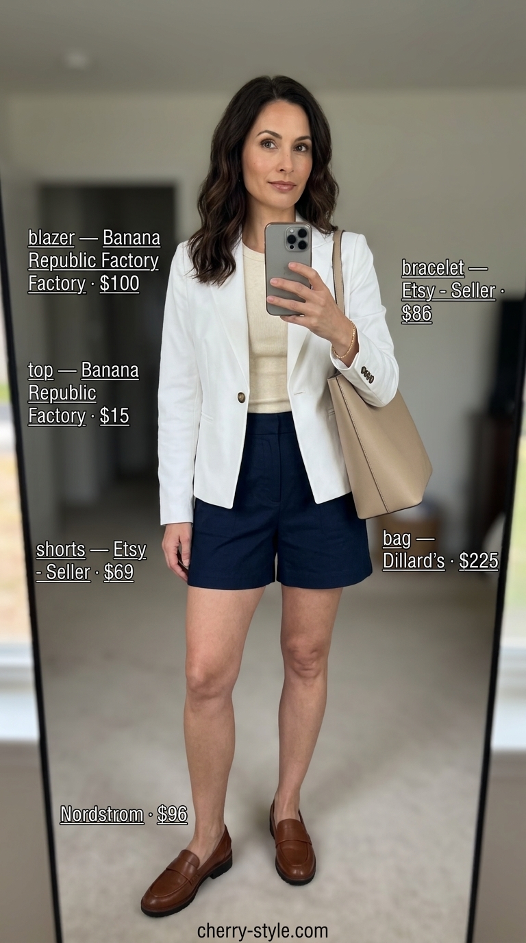 Polished summer outfit for women over 40 2026: Navy shorts, white tank, linen blazer, loafers.