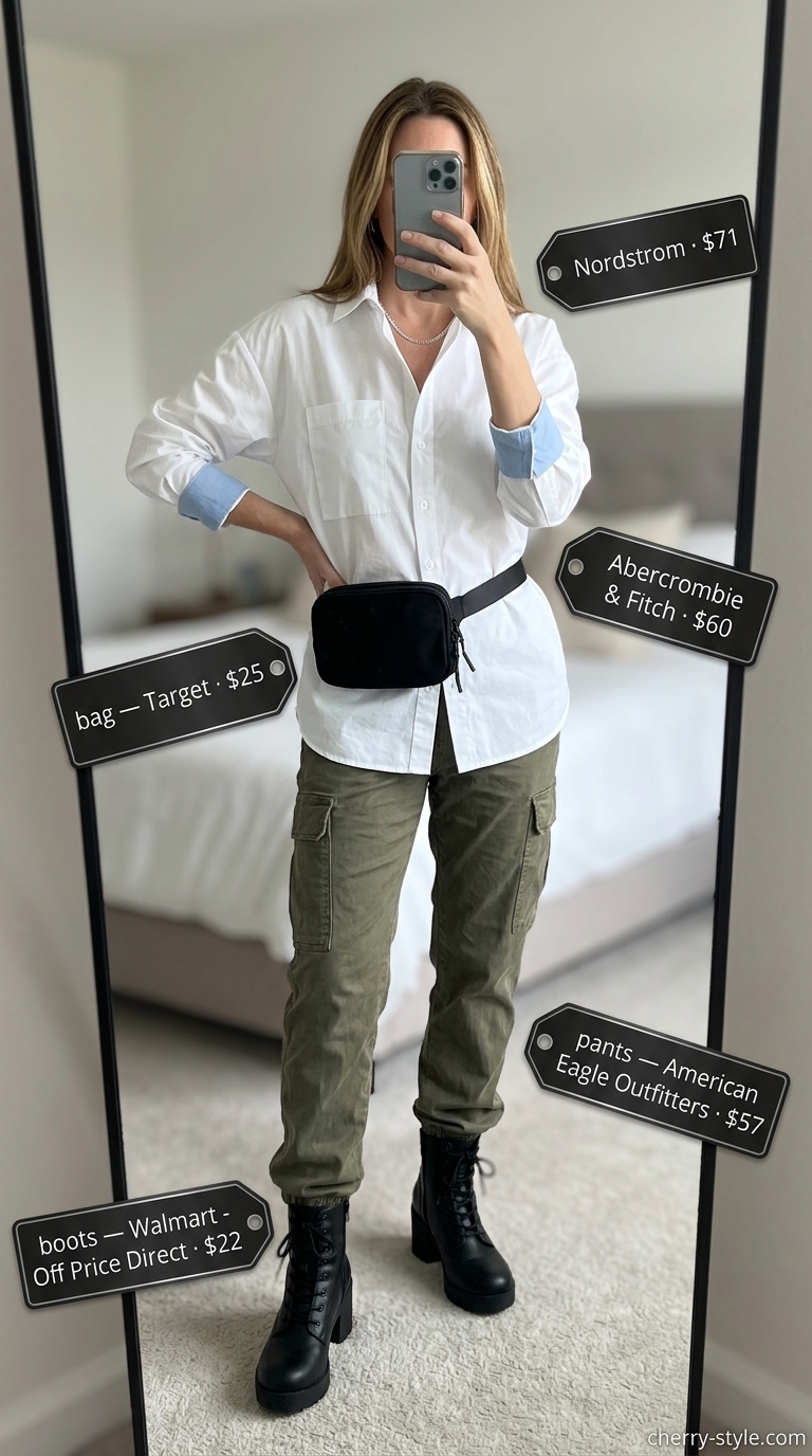Polished summer outfit for women over 40 2026: Olive cargo pants, oversized white shirt, combat boots.