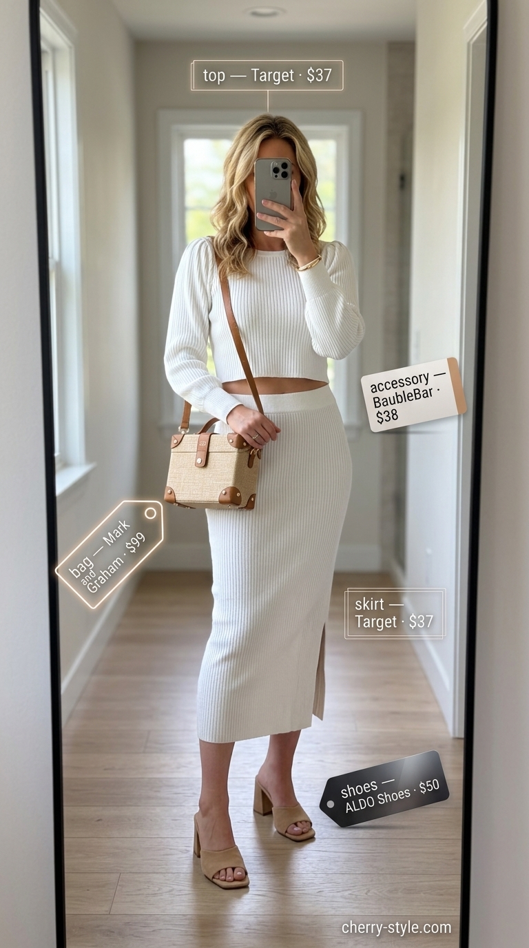 Polished summer outfit for women over 40 2026: White knit midi skirt set, tan block heels, raffia bag.