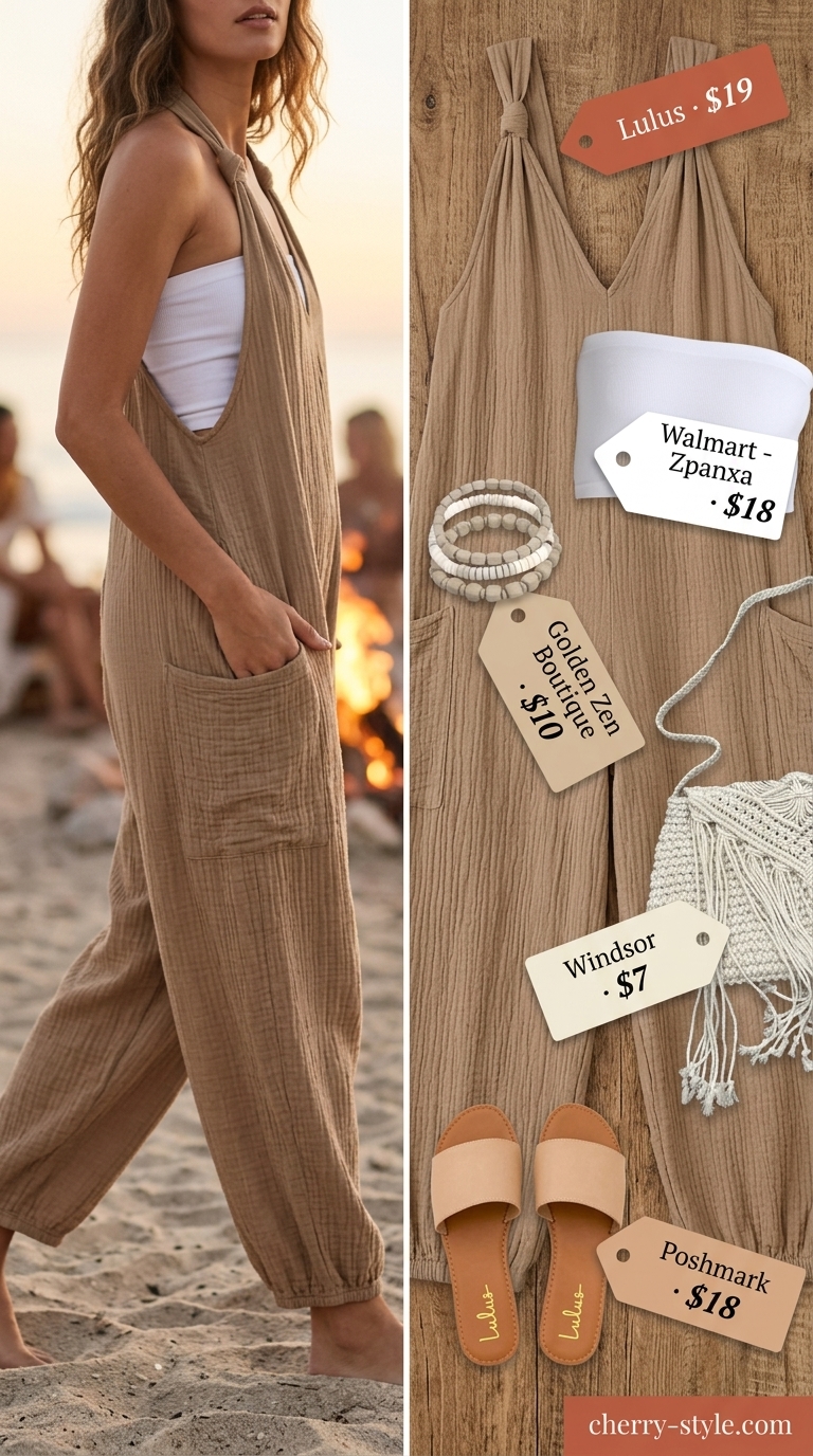 Khaki linen jumpsuit, white knit top, tan slide sandals for a beach bonfire outfit. Trendy casual summer outfits for women 2026.