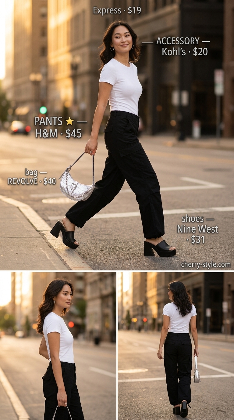 Trendy casual summer outfits for women 2026: Black cargo pants, white tee, silver hoops, and platform slides for city exploration.