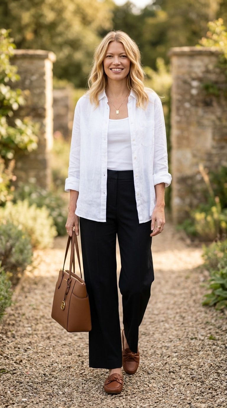 Cool summer office outfits for women 2026: Navy linen trousers, white knit top, cognac mules, and tote.