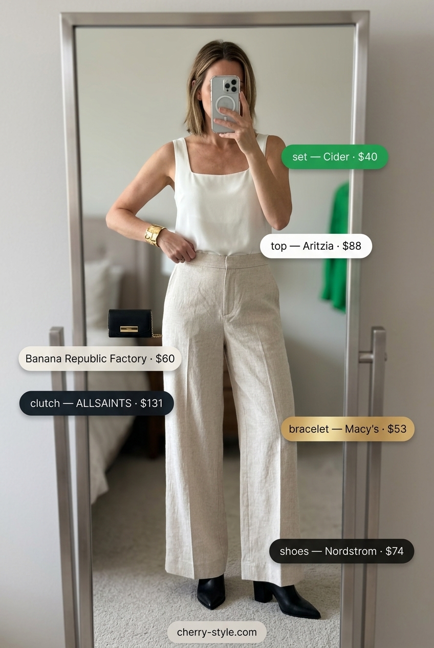 Practical mom outfits summer 2026: Camel linen trousers, ivory blouse, black mules for summer evening out.