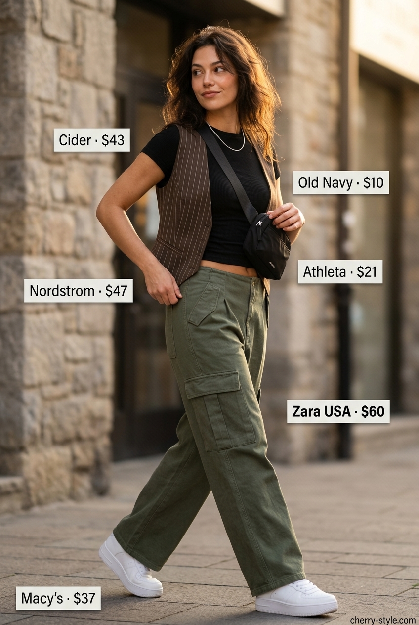 Practical mom outfits summer 2026: Khaki cargo pants, black tee, chunky sneakers, and belt bag for a cool daytime look.