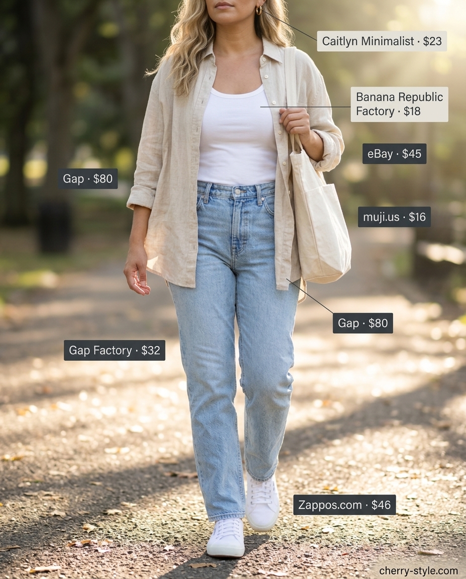 Practical mom outfits summer 2026: Denim jeans, white tee, beige linen shirt for park picnic.