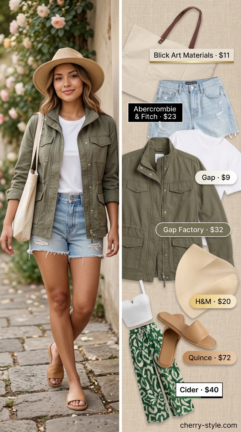 Practical mom outfits summer 2026: White tee, olive utility jacket, denim shorts, straw hat, tan slides.