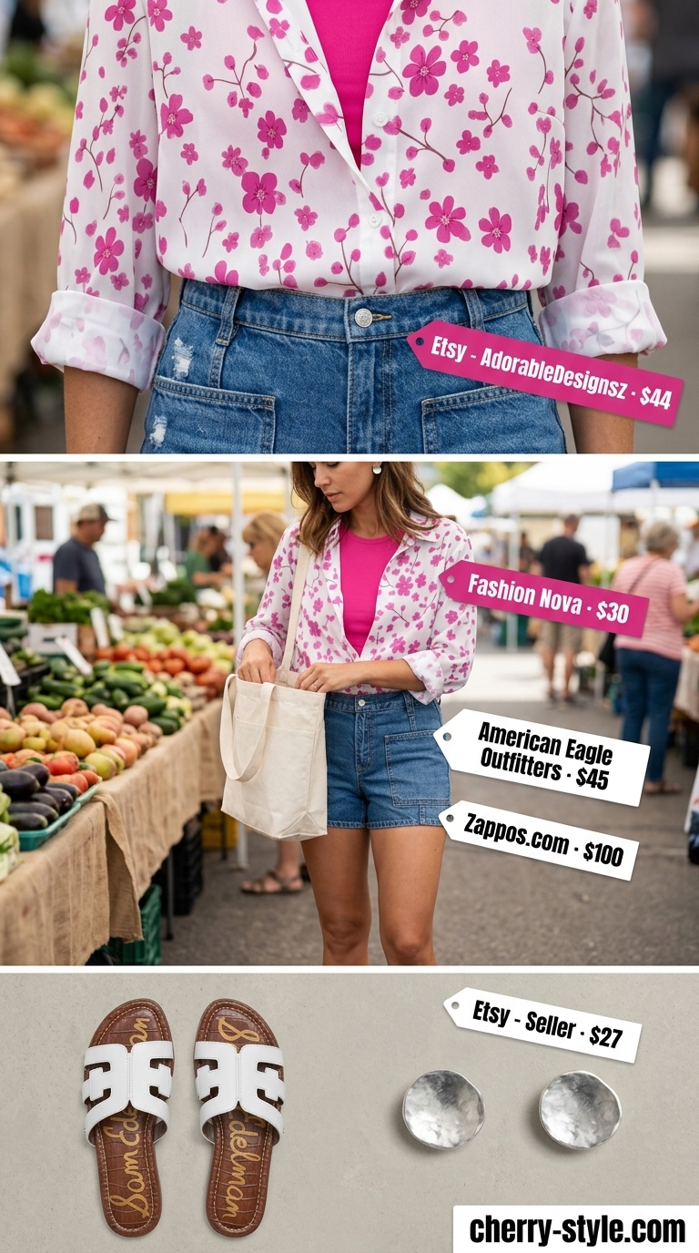 Practical mom outfits summer 2026: Denim shorts, floral blouse, canvas tote, and leather slides for a farmers market trip.