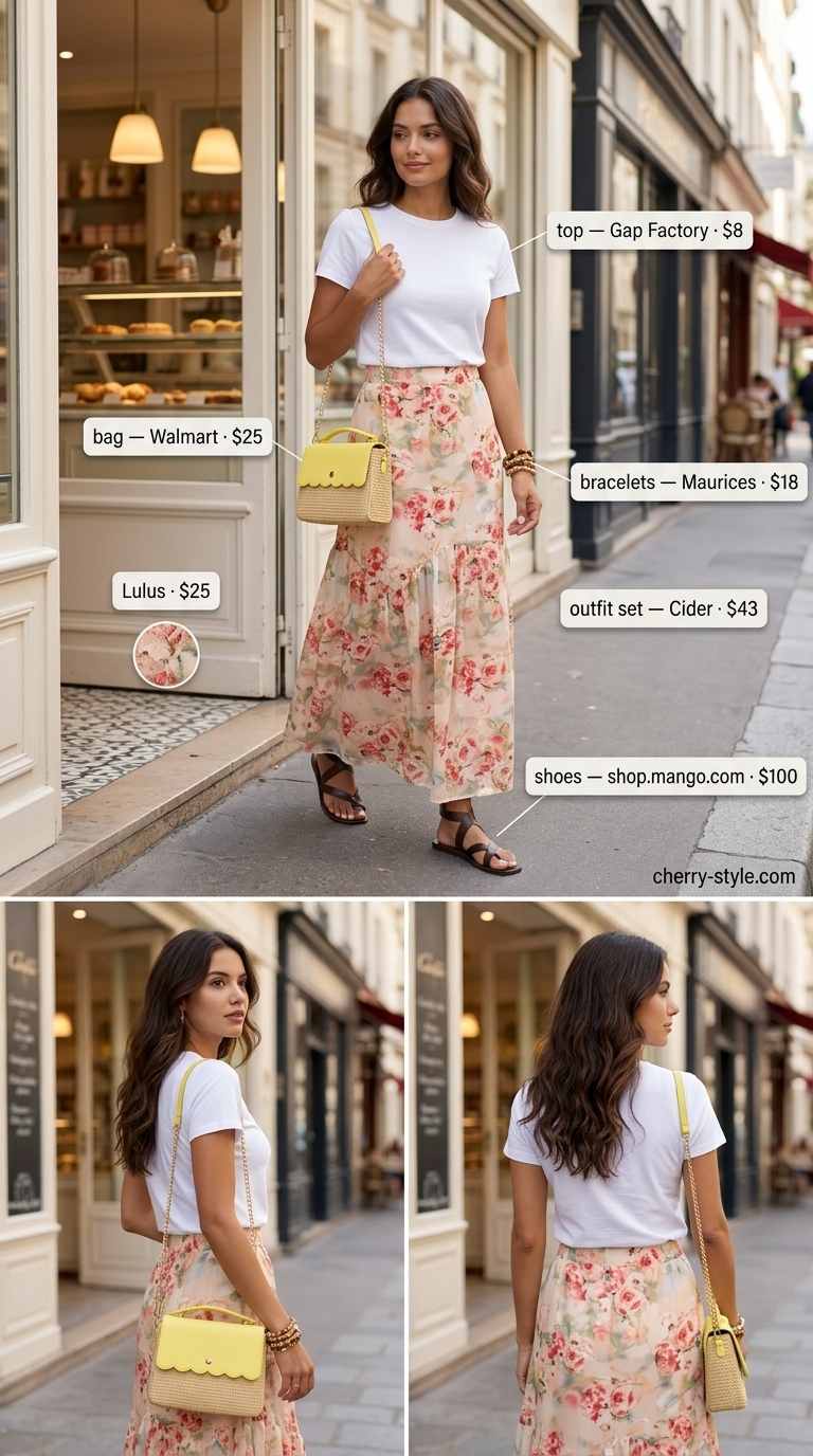 Practical mom outfits summer 2026: Maxi skirt, white tee, strappy sandals for weekend brunch.