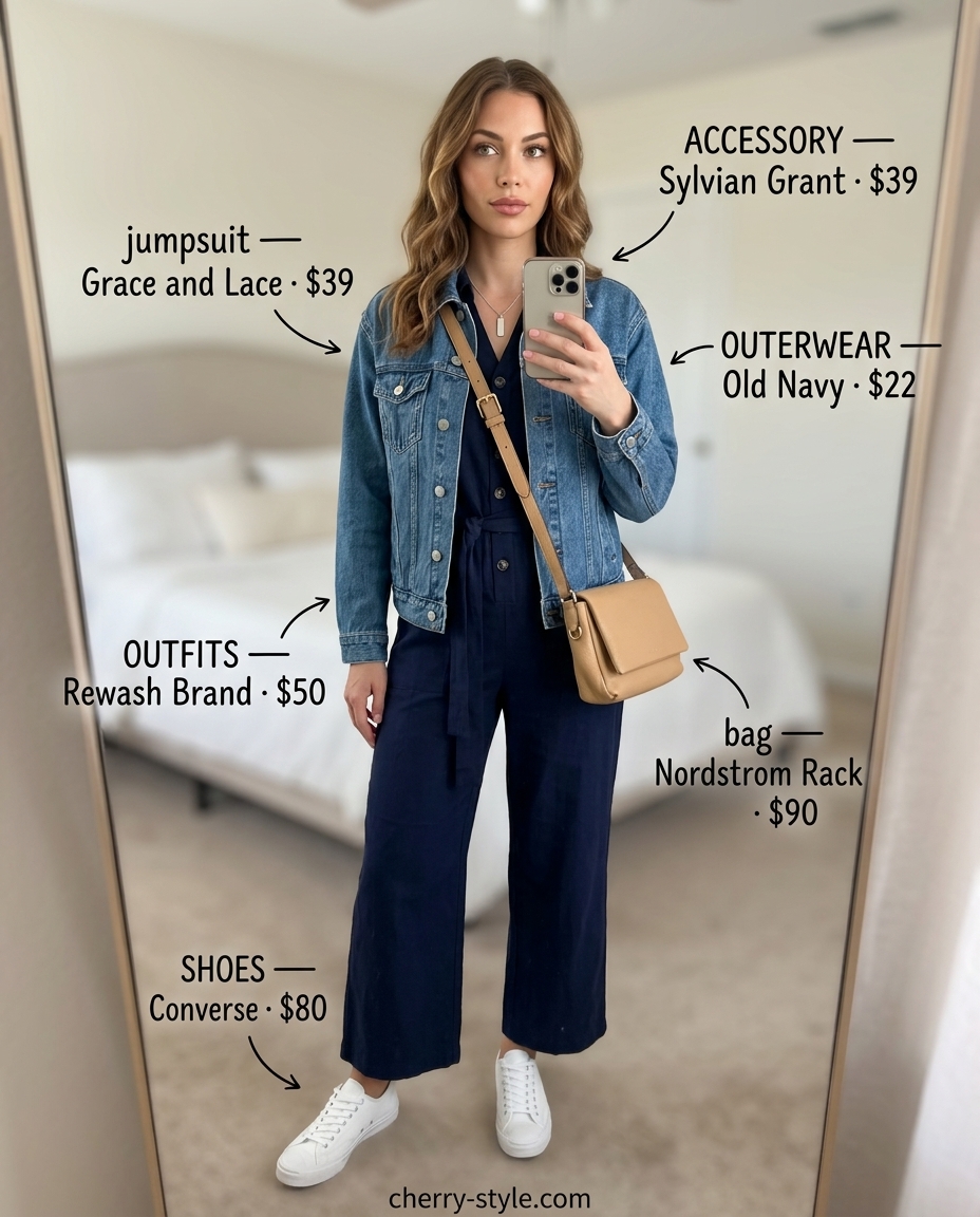 Practical mom outfits summer 2026: Navy utility jumpsuit, denim jacket, white sneakers, crossbody bag.